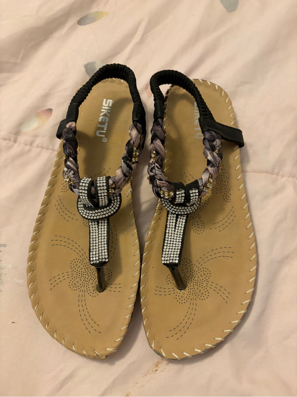 Siketu Rhinestone Braided T-Strap Sandals
